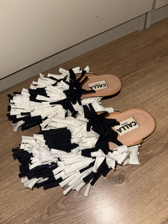 Calla Shoes - CALLA Paris Black & White Fringe Slide Sandals Size 37